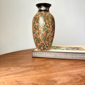 Crown Ducal Floral CloisonnΓ©-Style Vase in Black and Coral